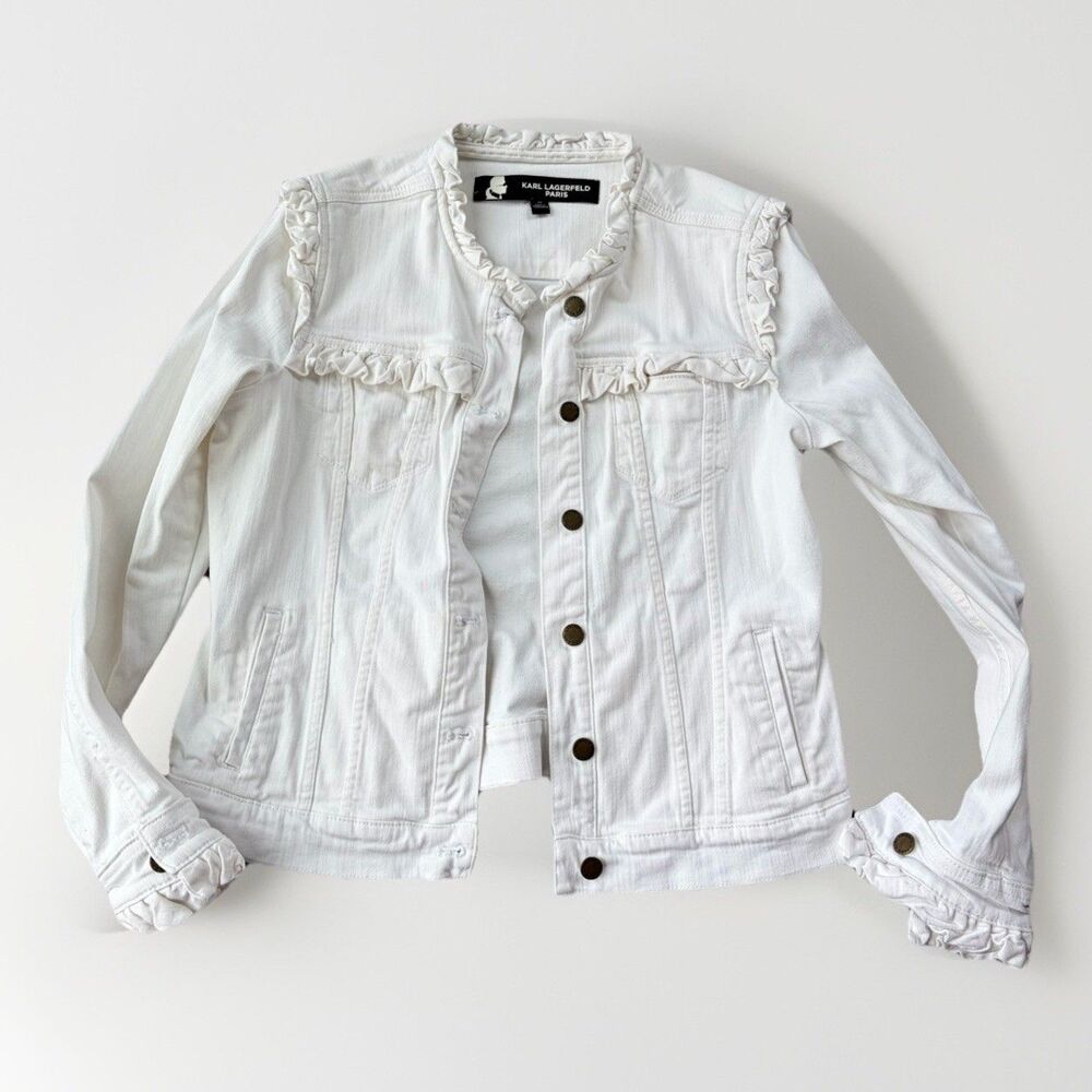 Karl Lagerfeld Paris Ruffled Denim Jacket Women's White Cotton Jean Coat Size M